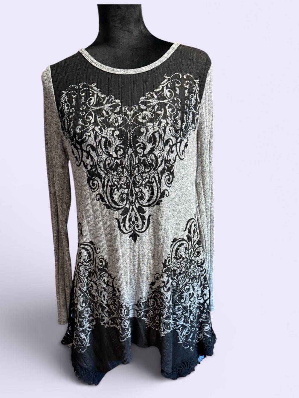 Vocal Black and Silver Long Sleeve Decorative Print Tunic